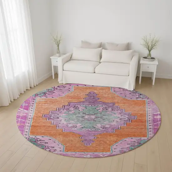 8' Orange Pink And Green Oriental Washable Round Rug With UV Protection Photo 4