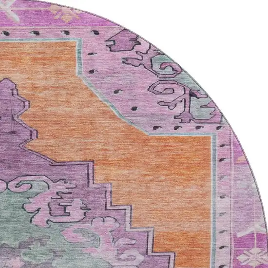 8' Orange Pink And Green Oriental Washable Round Rug With UV Protection Photo 3