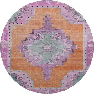 Photo of 8' Orange Pink And Green Oriental Washable Round Rug With UV Protection