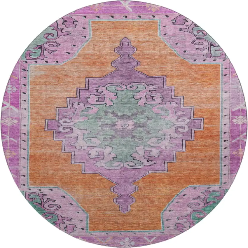 8' Orange Pink And Green Oriental Washable Round Rug With UV Protection Photo 1