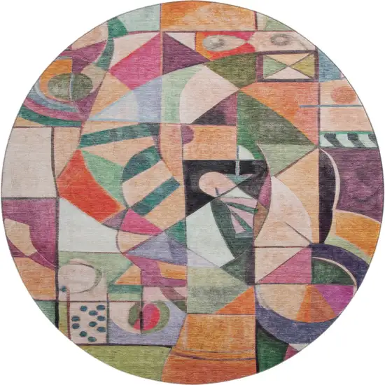 8' Orange Pink And Ivory Abstract Washable Round Rug With UV Protection Photo 1