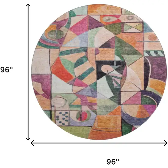 8' Orange Pink And Ivory Abstract Washable Round Rug With UV Protection Photo 9