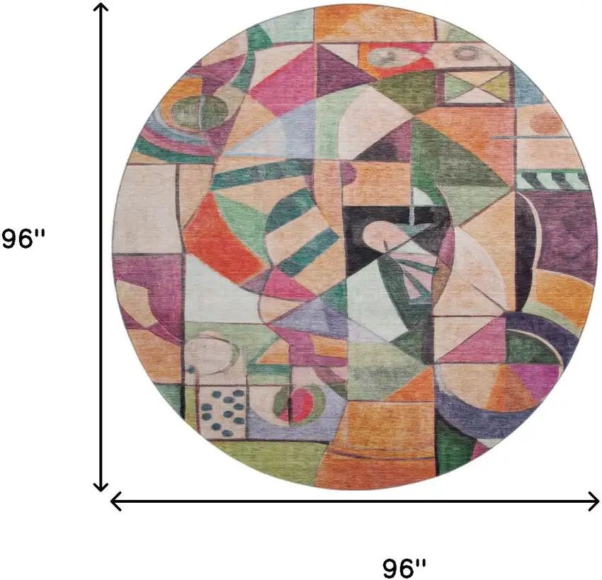 8' Orange Pink And Ivory Abstract Washable Round Rug With UV Protection Photo 9