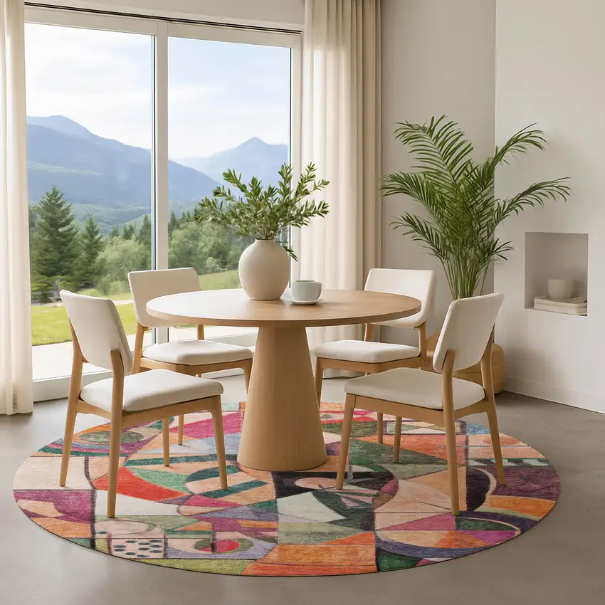 8' Orange Pink And Ivory Abstract Washable Round Rug With UV Protection Photo 4
