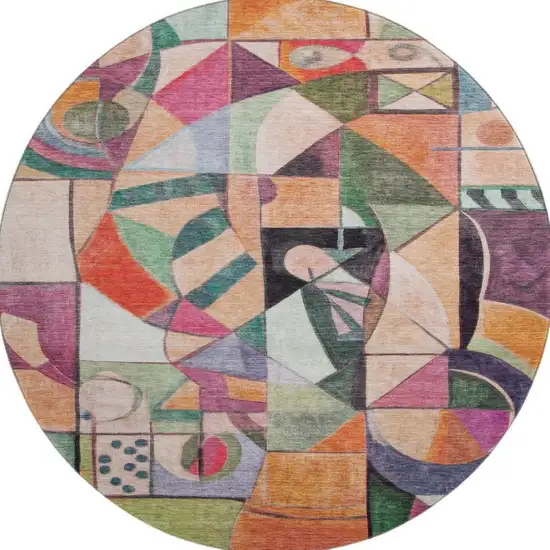 8' Orange Pink And Ivory Abstract Washable Round Rug With UV Protection Photo 3