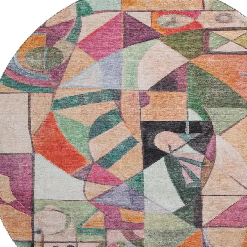 8' Orange Pink And Ivory Abstract Washable Round Rug With UV Protection Photo 2