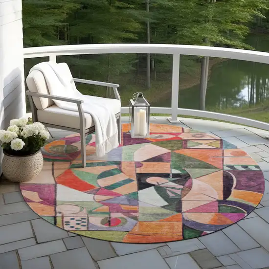 8' Orange Pink Green And Purple Round Abstract Washable Indoor Outdoor Area Rug Photo 5