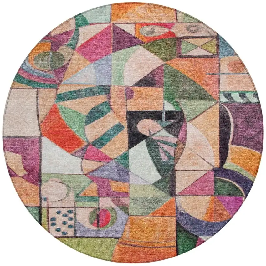 8' Orange Pink Green And Purple Round Abstract Washable Indoor Outdoor Area Rug Photo 4