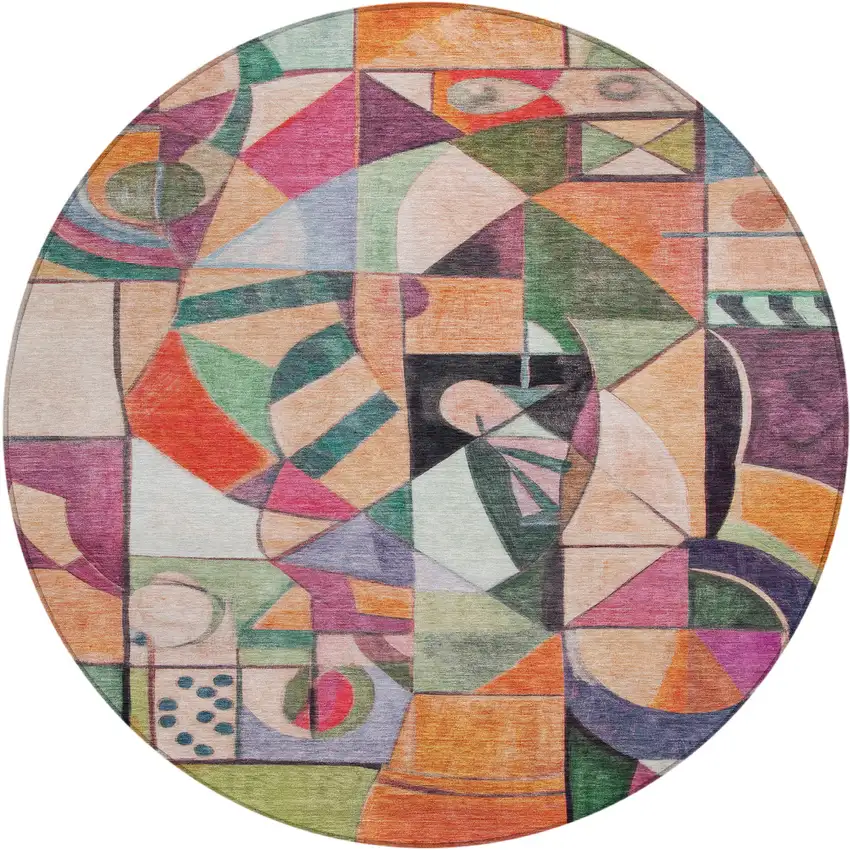 8' Orange Pink Green And Purple Round Abstract Washable Indoor Outdoor Area Rug Photo 1