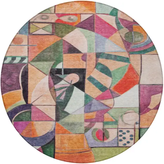 8' Orange Pink Green And Purple Round Abstract Washable Indoor Outdoor Area Rug Photo 3