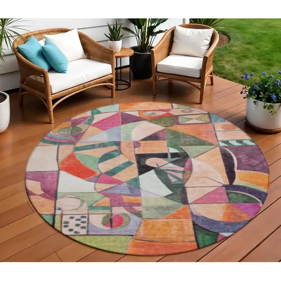 8' Orange Pink Green And Purple Round Abstract Washable Indoor Outdoor Area Rug Photo 2