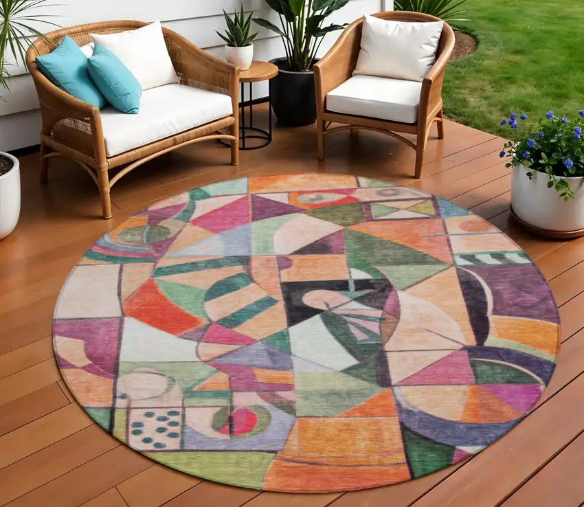 8' Orange Pink Green And Purple Round Abstract Washable Indoor Outdoor Area Rug Photo 2