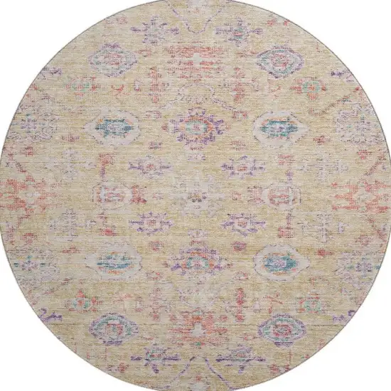 8' Orange Purple And Beige Damask Washable Round Rug With UV Protection Photo 2