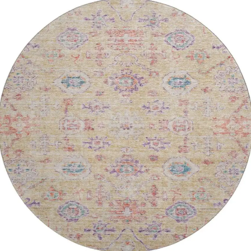 8' Orange Purple And Beige Damask Washable Round Rug With UV Protection Photo 2