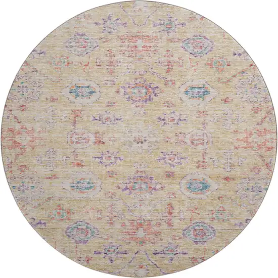 8' Orange Purple And Beige Damask Washable Round Rug With UV Protection Photo 1