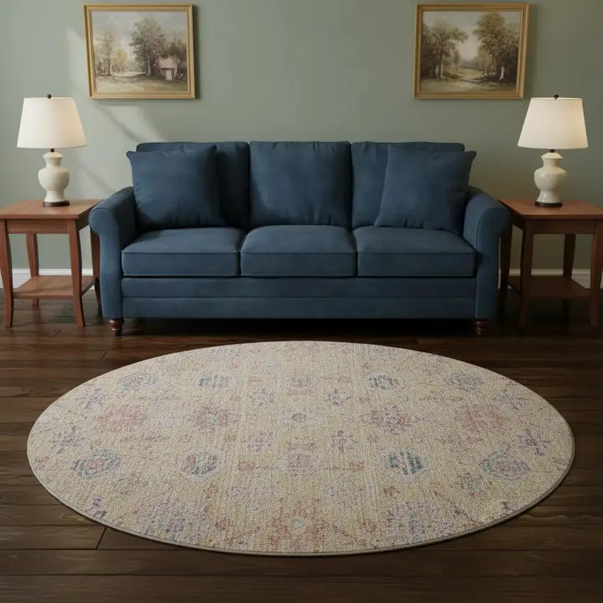 8' Orange Purple And Beige Damask Washable Round Rug With UV Protection Photo 2