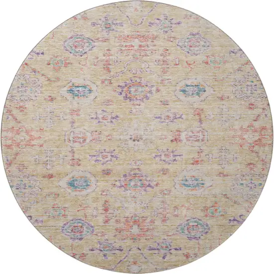 8' Orange Purple And Beige Damask Washable Round Rug With UV Protection Photo 3