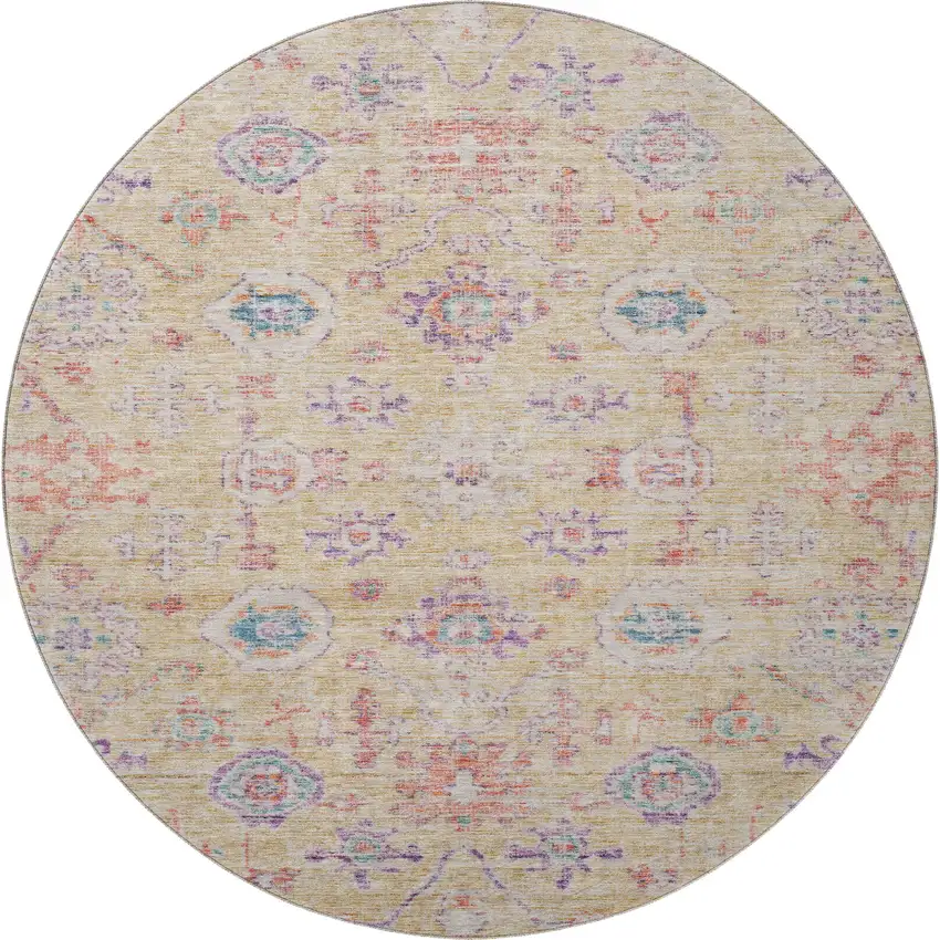 8' Orange Purple And Beige Damask Washable Round Rug With UV Protection Photo 3