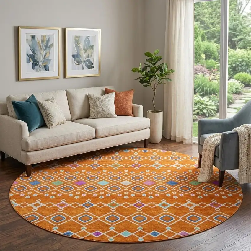 8' Orange Purple And Blue Southwestern Washable Round Rug With UV Protection Photo 1