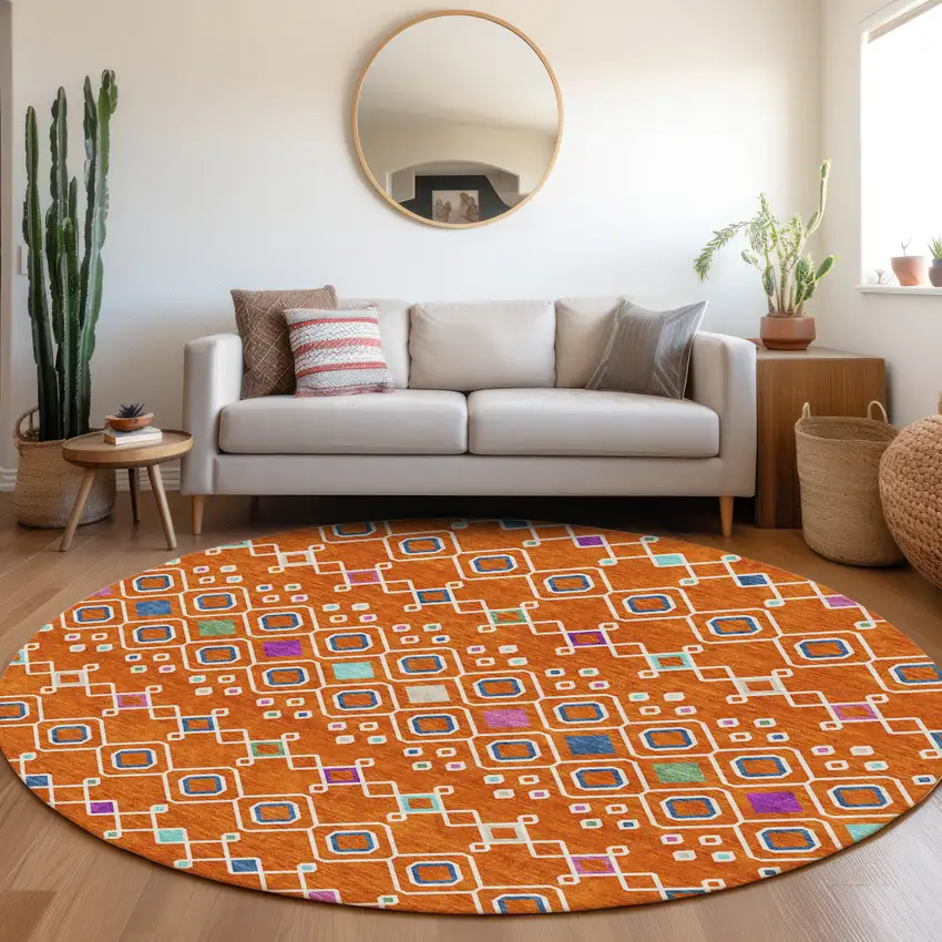 8' Orange Purple And Blue Southwestern Washable Round Rug With UV Protection Photo 4