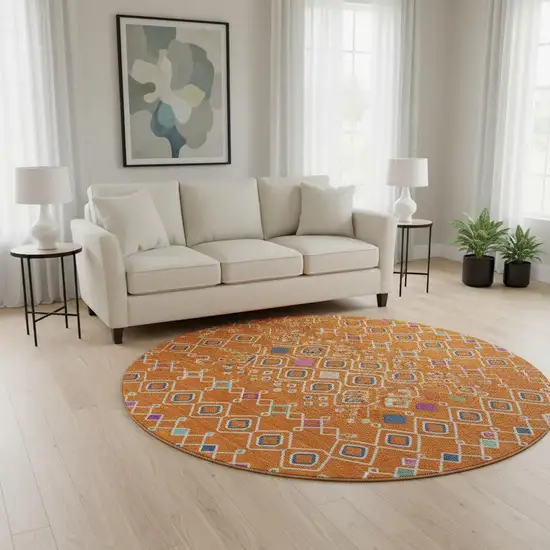 8' Orange Purple And Blue Southwestern Washable Round Rug With UV Protection Photo 2