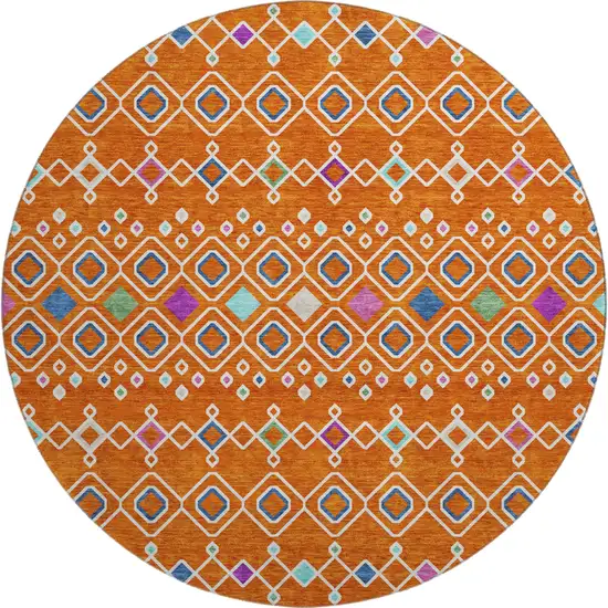 8' Orange Purple And Blue Southwestern Washable Round Rug With UV Protection Photo 1