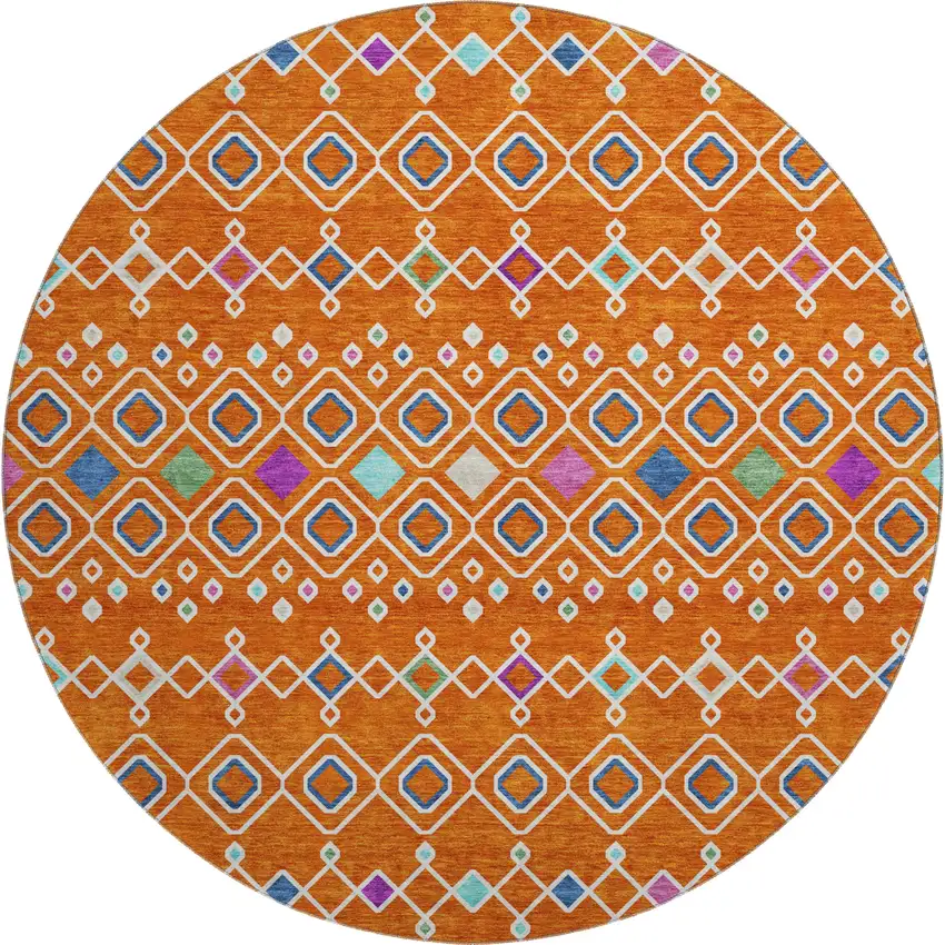 8' Orange Purple And Blue Southwestern Washable Round Rug With UV Protection Photo 1