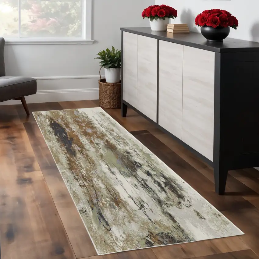 8' Beige Bronze And Black Abstract Runner Rug Photo 1