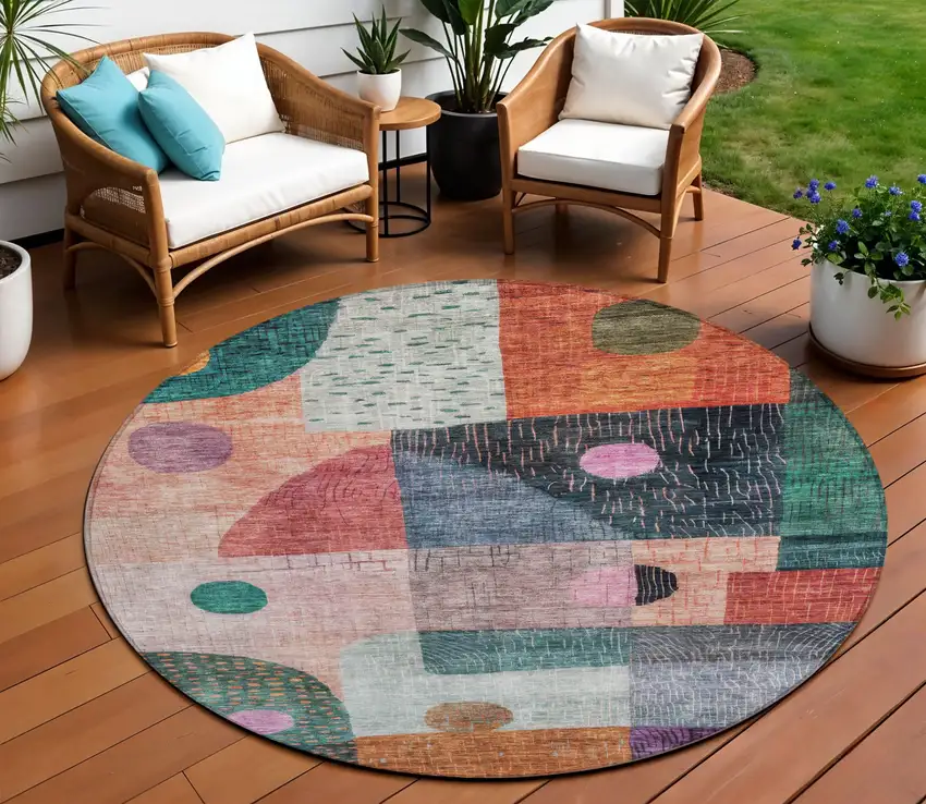 8' Orange Purple And Green Round Geometric Washable Indoor Outdoor Area Rug Photo 1