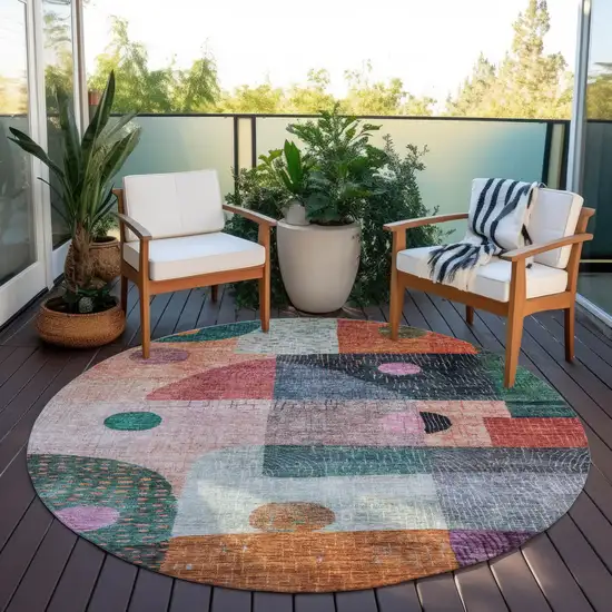 8' Orange Purple And Green Round Geometric Washable Indoor Outdoor Area Rug Photo 7