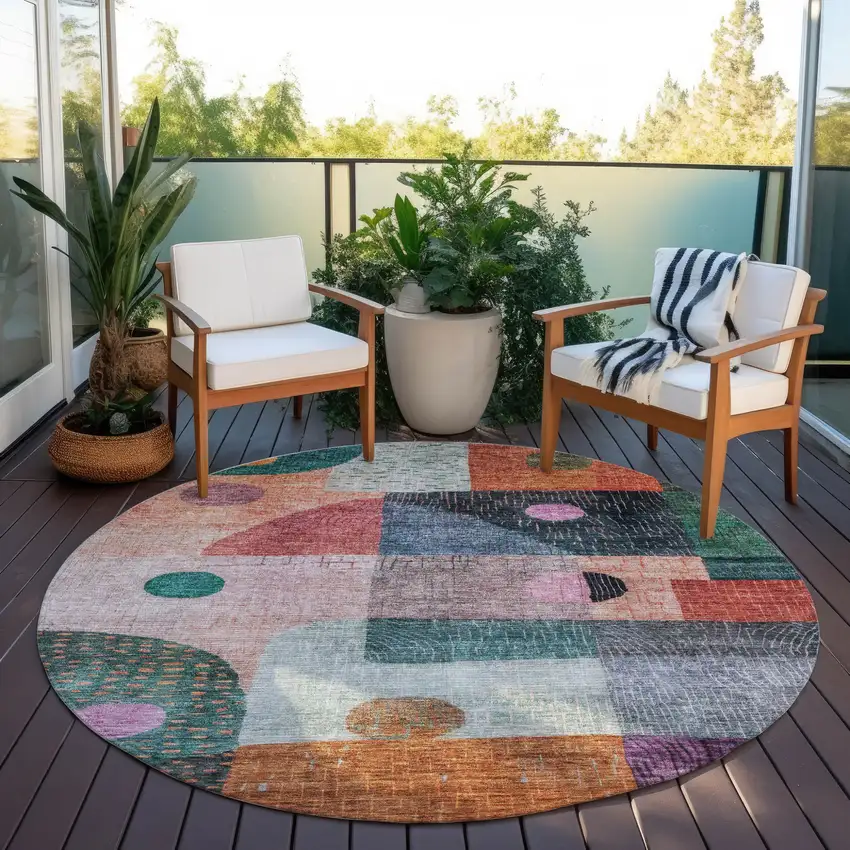 8' Orange Purple And Green Round Geometric Washable Indoor Outdoor Area Rug Photo 7