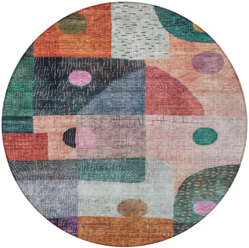 8' Orange Purple And Green Round Geometric Washable Indoor Outdoor Area Rug Photo 6
