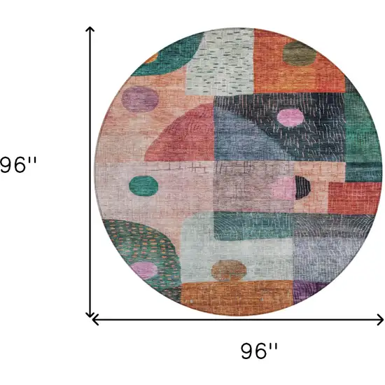 8' Orange Purple And Green Round Geometric Washable Indoor Outdoor Area Rug Photo 9