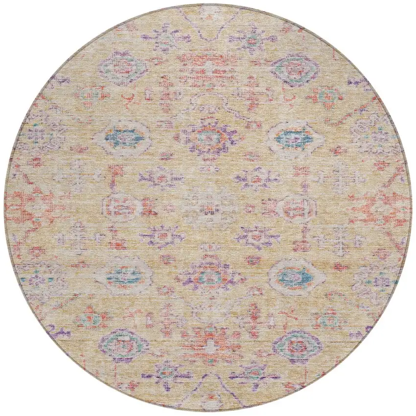 8' Orange Purple And Teal Blue Round Damask Washable Indoor Outdoor Area Rug Photo 6