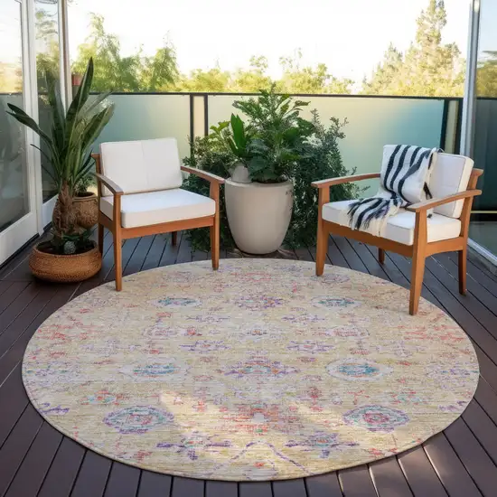 8' Orange Purple And Teal Blue Round Damask Washable Indoor Outdoor Area Rug Photo 8