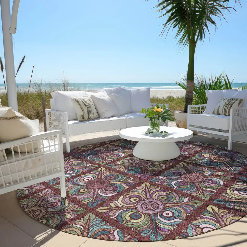 8' Orange Purple And Teal Blue Round Medallion Washable Indoor Outdoor Area Rug Photo 7