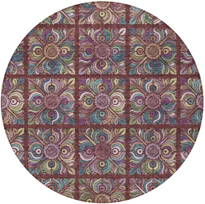 8' Orange Purple And Teal Blue Round Medallion Washable Indoor Outdoor Area Rug Photo 6