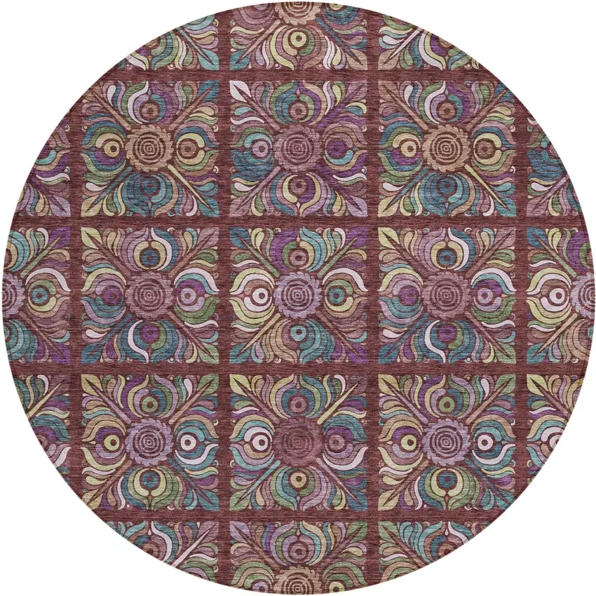 8' Orange Purple And Teal Blue Round Medallion Washable Indoor Outdoor Area Rug Photo 2