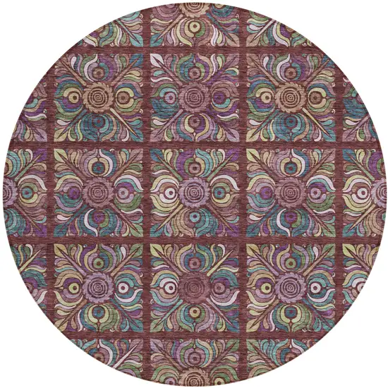 8' Orange Purple And Teal Blue Round Medallion Washable Indoor Outdoor Area Rug Photo 2