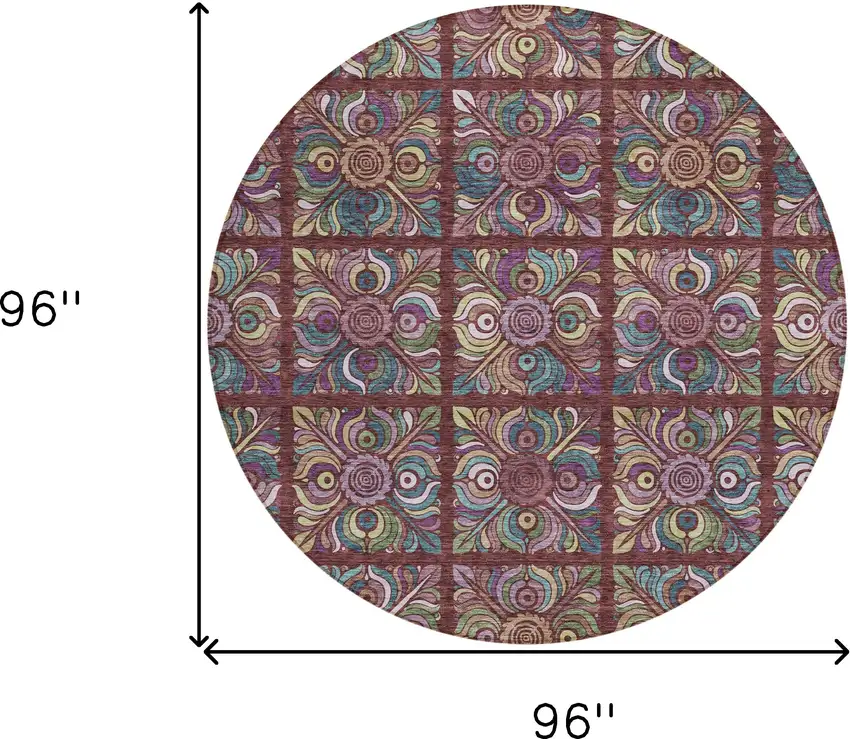 8' Orange Purple And Teal Blue Round Medallion Washable Indoor Outdoor Area Rug Photo 3