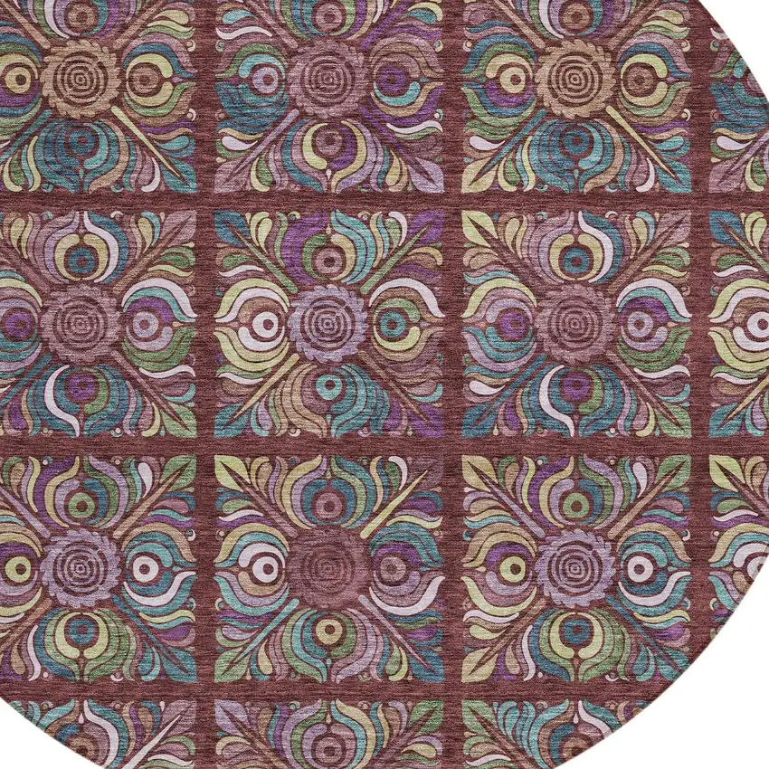 8' Orange Purple And Teal Blue Round Medallion Washable Indoor Outdoor Area Rug Photo 5