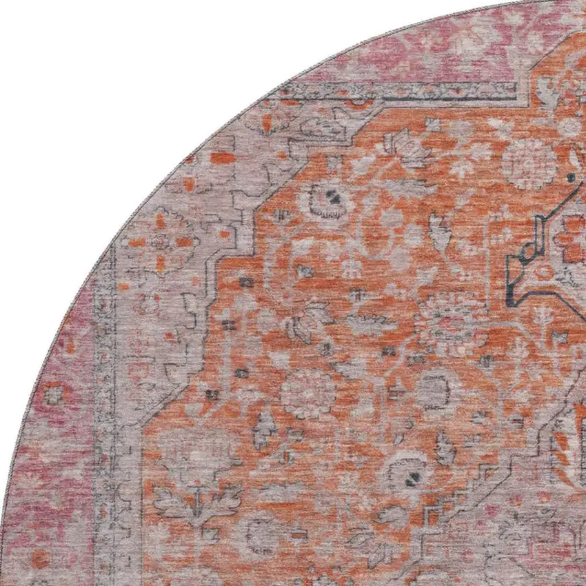 8' Orange Red And Gray Floral Medallion Washable Round Rug With UV Protection Photo 3