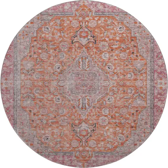 8' Orange Red And Gray Floral Medallion Washable Round Rug With UV Protection Photo 1