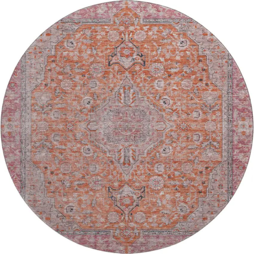 8' Orange Red And Gray Floral Medallion Washable Round Rug With UV Protection Photo 1