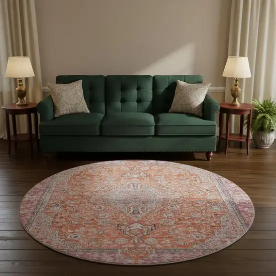 8' Orange Red And Gray Floral Medallion Washable Round Rug With UV Protection Photo 1
