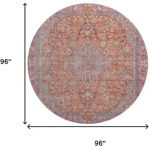 Photo of 8' Orange Red And Gray Floral Medallion Washable Round Rug With UV Protection