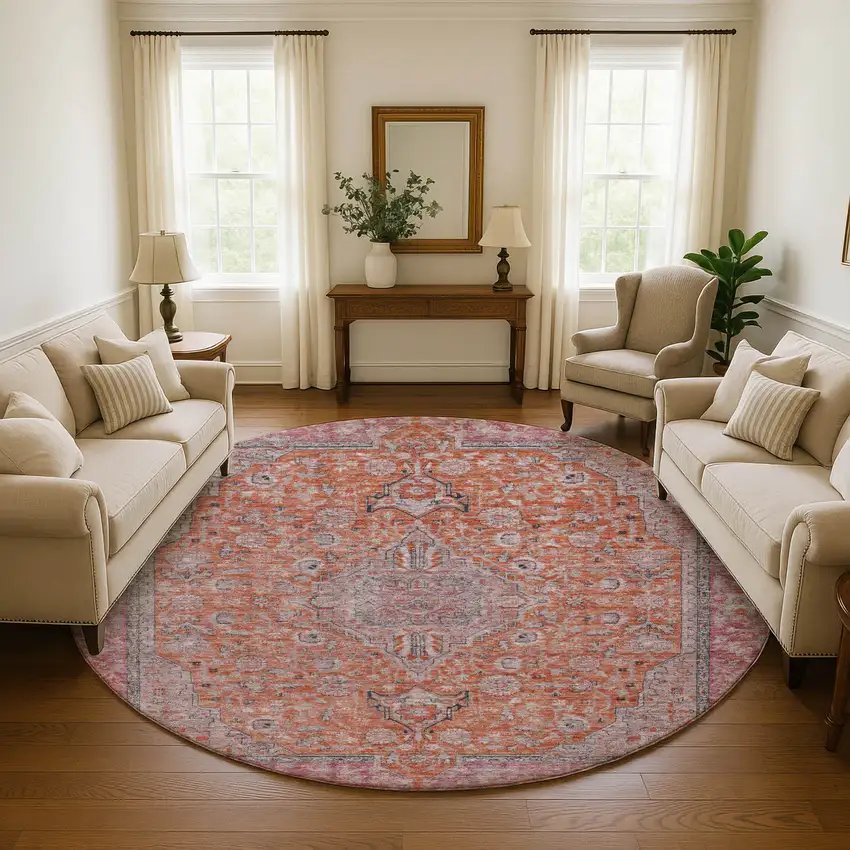 8' Orange Red And Gray Floral Medallion Washable Round Rug With UV Protection Photo 4