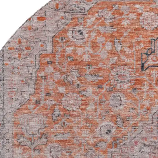 8' Orange Red And Gray Floral Medallion Washable Round Rug With UV Protection Photo 2