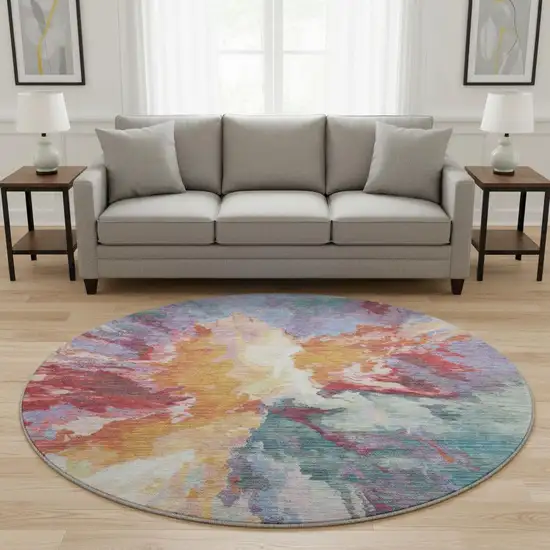 8' Orange Red And Teal Abstract Washable Round Rug With UV Protection Photo 2