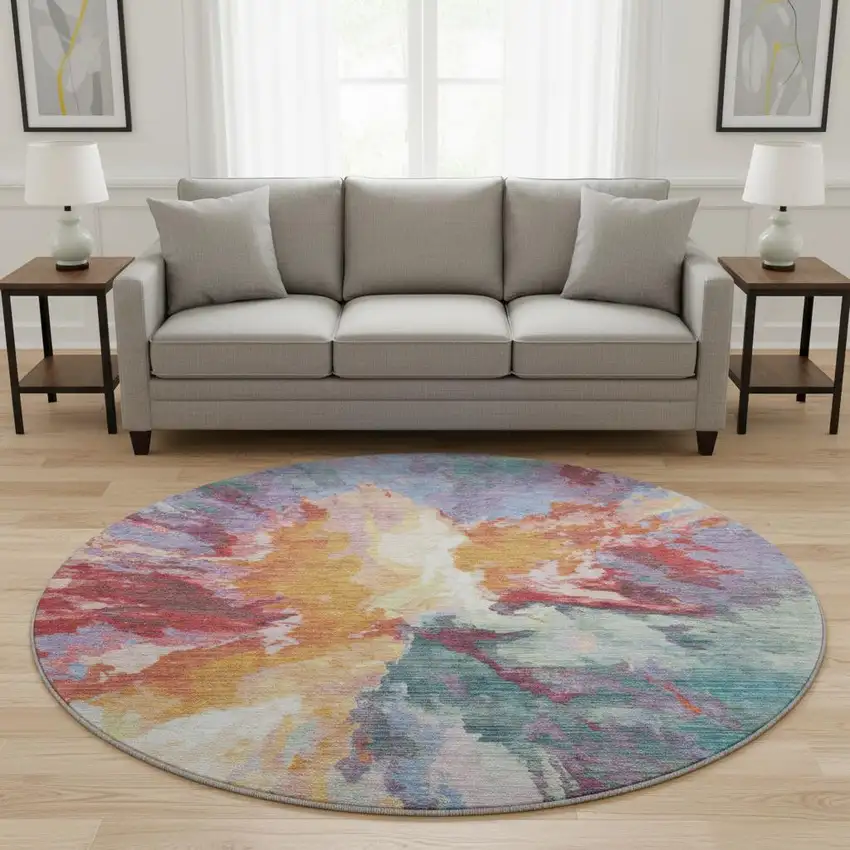 8' Orange Red And Teal Abstract Washable Round Rug With UV Protection Photo 2